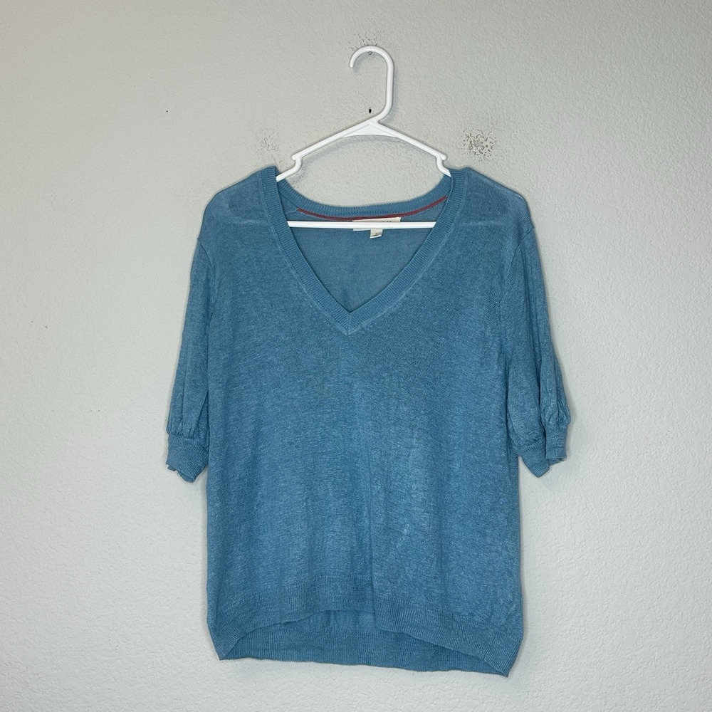 Boden Liv V-Neck Sweater M Blue Linen Knit Short Sleeve Puff Cuffed Pullover